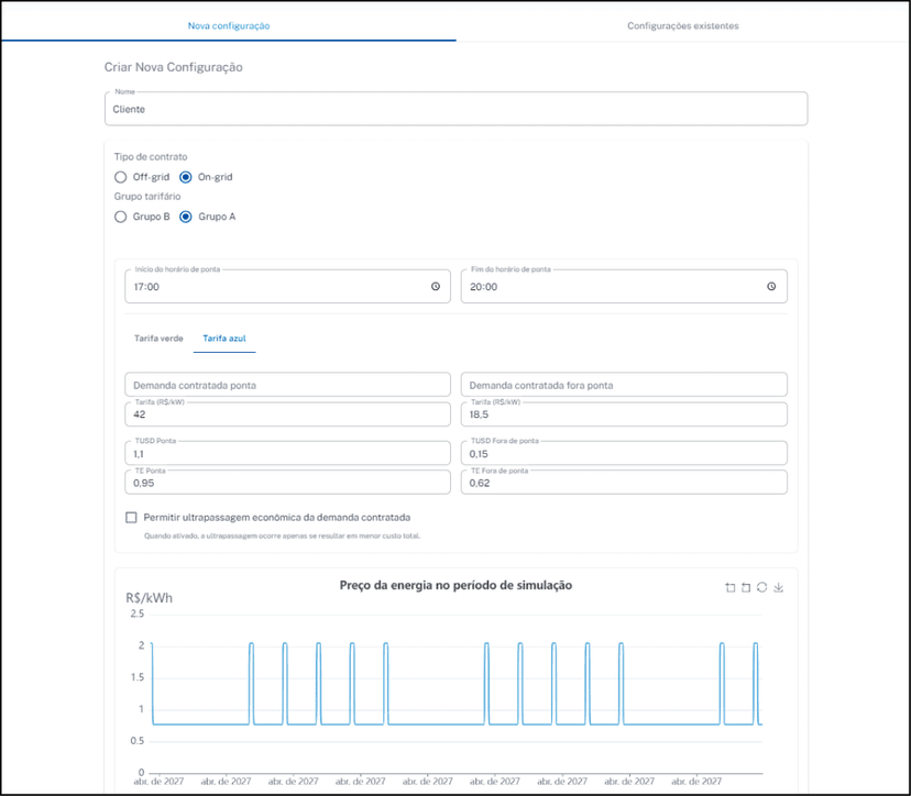 Informações do cliente e grupo tarifário