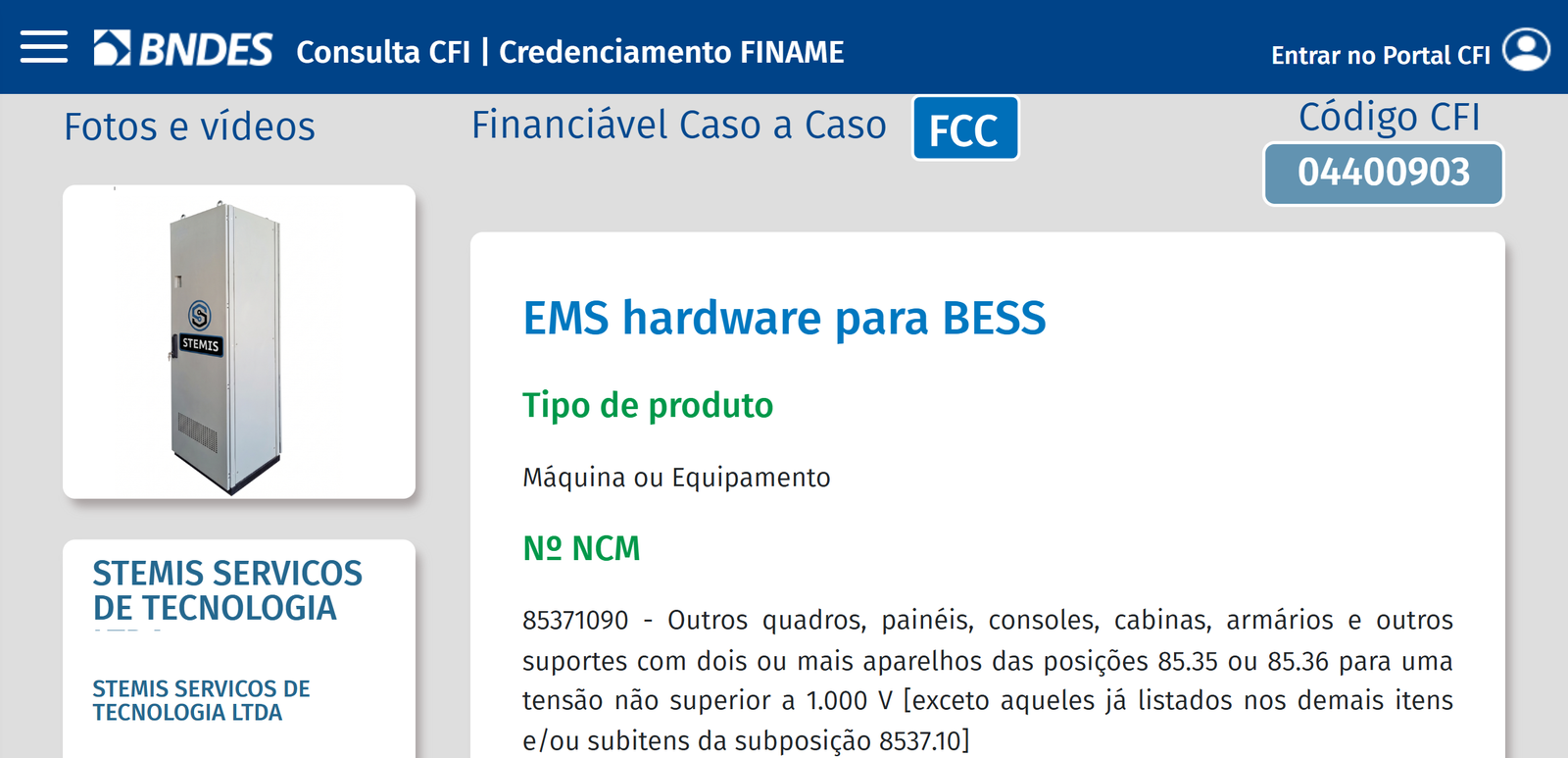 Ficha do produto EMS hardware para BESS da STEMIS na consulta pública do Sistema CFI do BNDES, código CFI 04400903