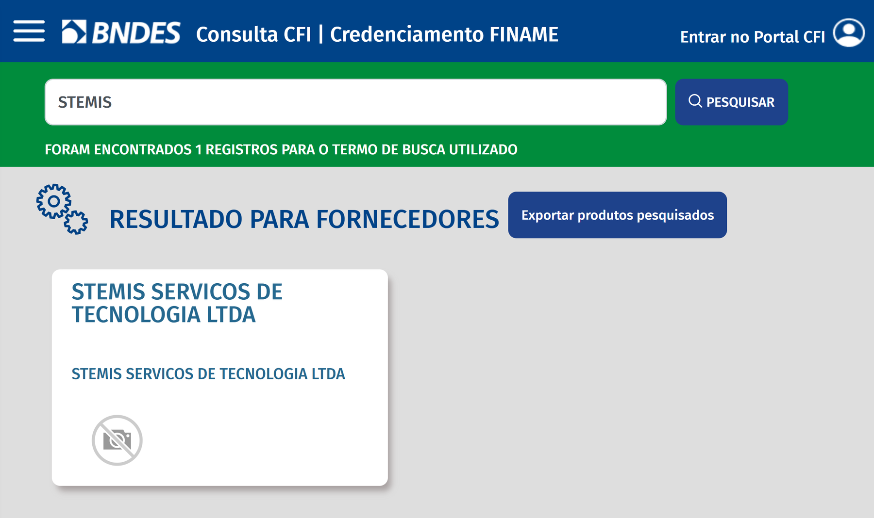 Resultado da consulta pública do Sistema CFI do BNDES mostrando a STEMIS Serviços de Tecnologia Ltda como fornecedora